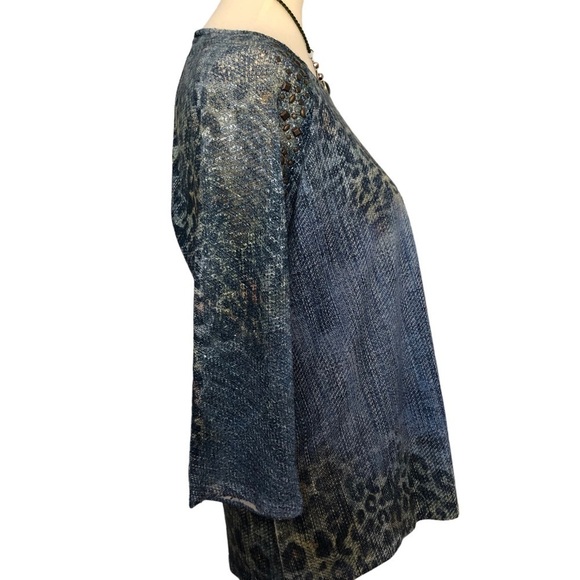 Chico’s Albany Crochet Studded Blue with Green Brown Cheetah Tunic. Size L. EUC - Picture 6 of 11